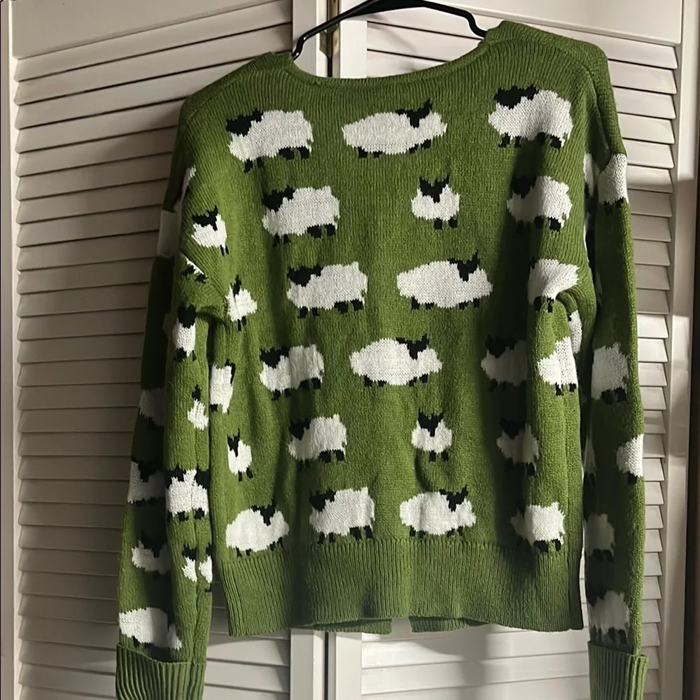 Green Sheep Pattern V-Neck Cardigan Sweater - Picture 7 of 8
